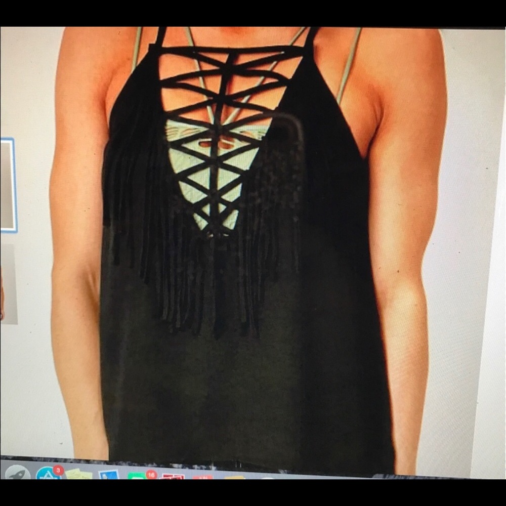 BKE red fringe tank top in black